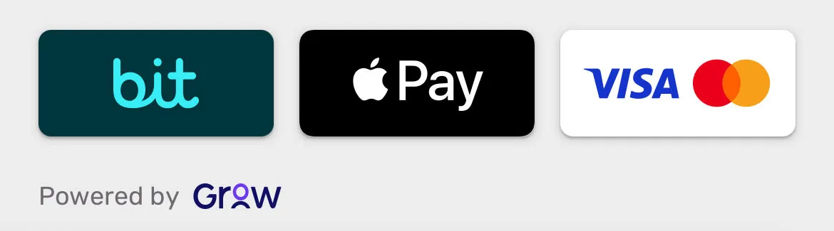 אפשרויות תשלום: bit, Apple Pay, Visa, Mastercard ו-Grow